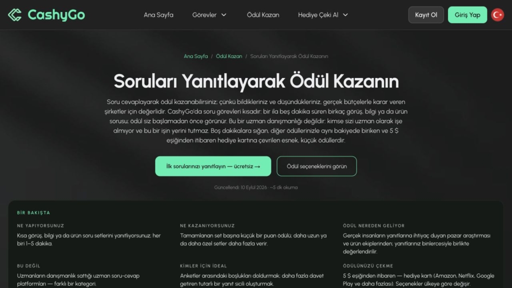 CashyGo kısa soru görevleri sayfası ekran görüntüsü